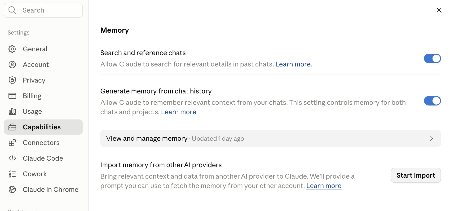 Claude 记忆设置 — Capabilities → Memory